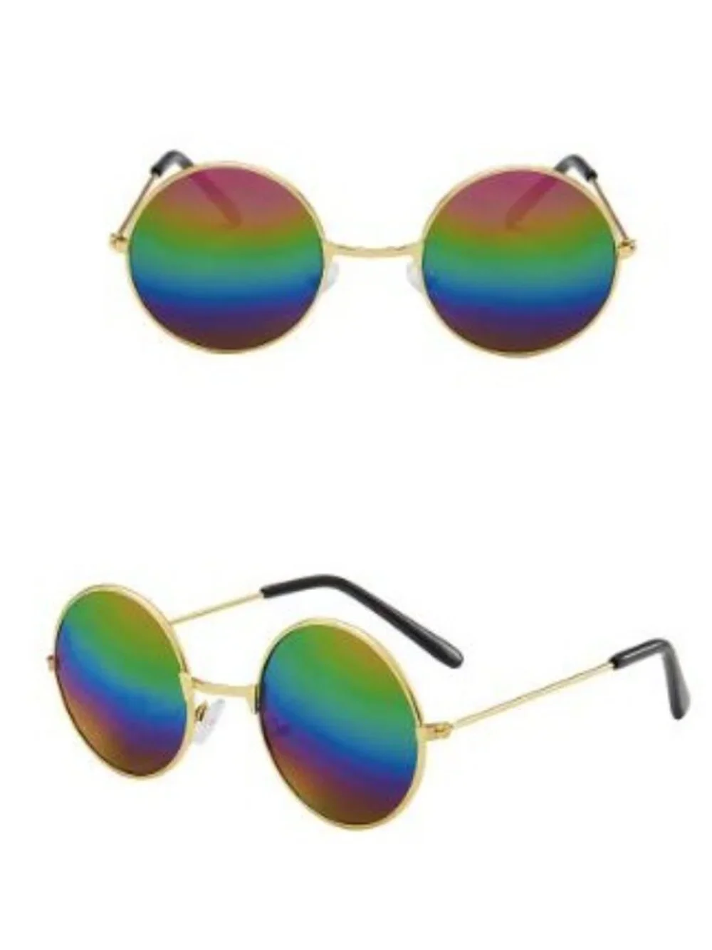 Round Rainbow Lens Sunglasses Gold Metal Frame Retro Hippie Festival Boho Unisex